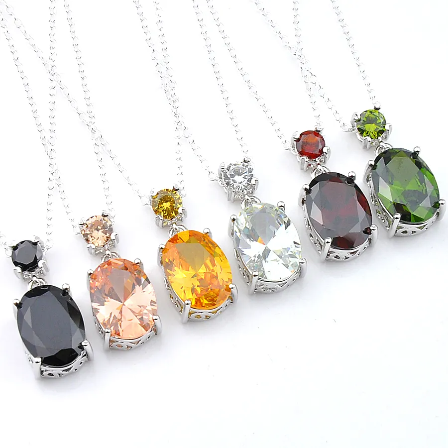 Luckyshien 10 Pcs Mix Color Brand New For Women Oval Peridot Morganite Garnet obsidian Gems Silver Necklaces Jewelry CZ Pendants