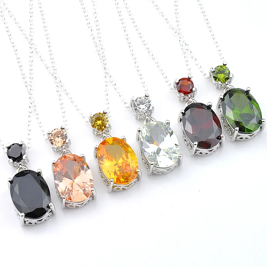 LUCKYSHIEN 10 STKS MIX Color Gloednieuw voor Vrouwen Ovaal Peridot Morganite Granaat Obsidian Gems Zilveren Kettingen Sieraden CZ Hangers