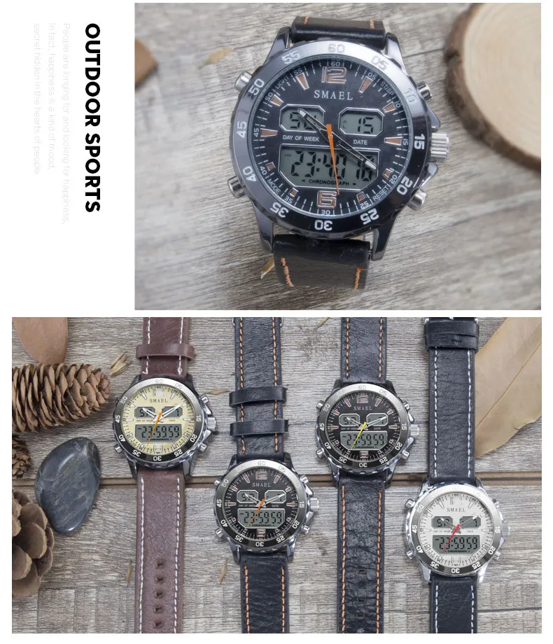 Smael Sport Watches Waterproof äkta dual Display Quartz Wristwatchescool Man Clock Fashion Smart Digital Watch Led Men 1281300G