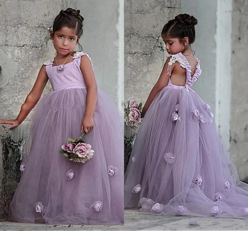 2024 New Arrival Lavender Flower Girl Dresses For Weddings Squsre Neck Tulle 3D Flowers Backless Girls Pageant Dress Kids Communion Gowns 403