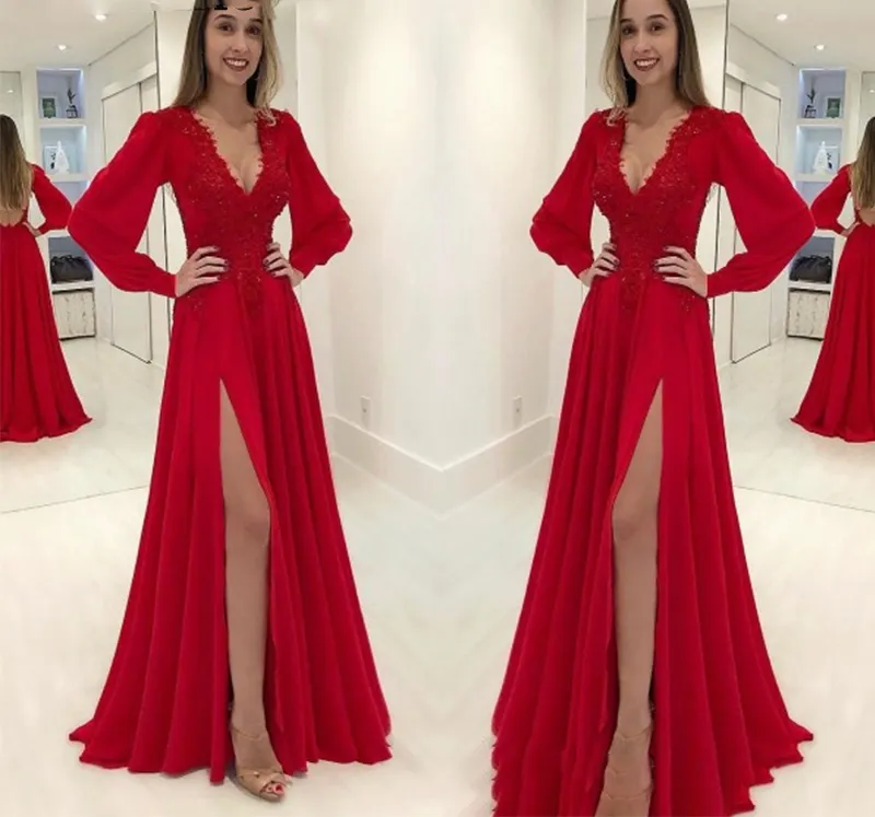 Vestido de baile Vermelho Plus Size Mangas Compridas Apliques Frisada Sexy Aberto Para Trás Formal Mulheres Vestidos de Noite Partido Longo Vestidos de Gala