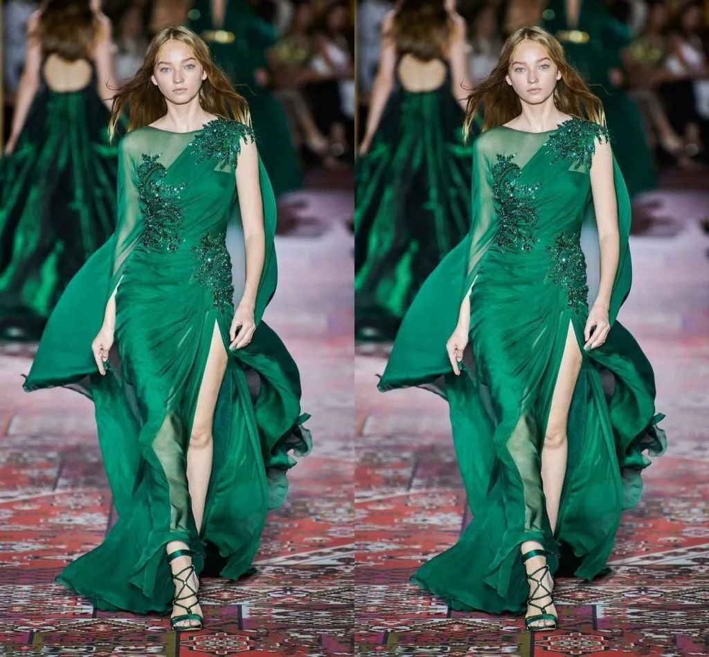 Zuhair Murad Nouvelle Collection Robes De Bal Vert Foncé À Manches Longues Col En Mousseline De Soie Balayage Train Robe De Bal Formelle Robes De Soirée ogstuff