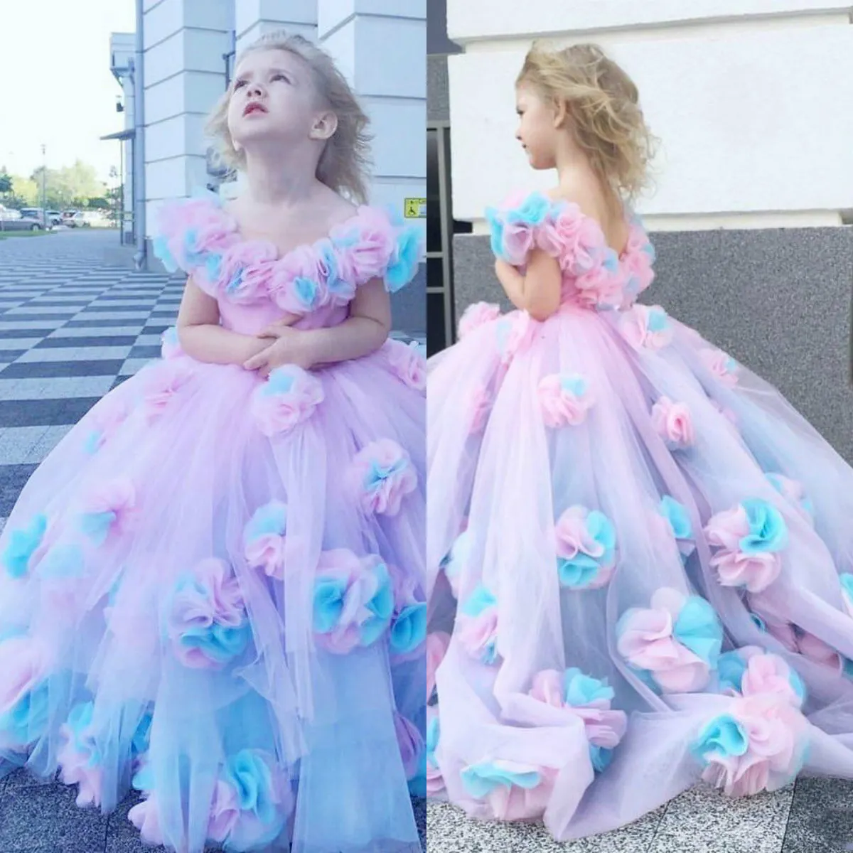 2021 Cute Ball Gown Flower Girl Dresses Ruffles Combined Colorful Hand Made Floral Baby Pageant Gowns Customize First Communion Party Wedding Wear