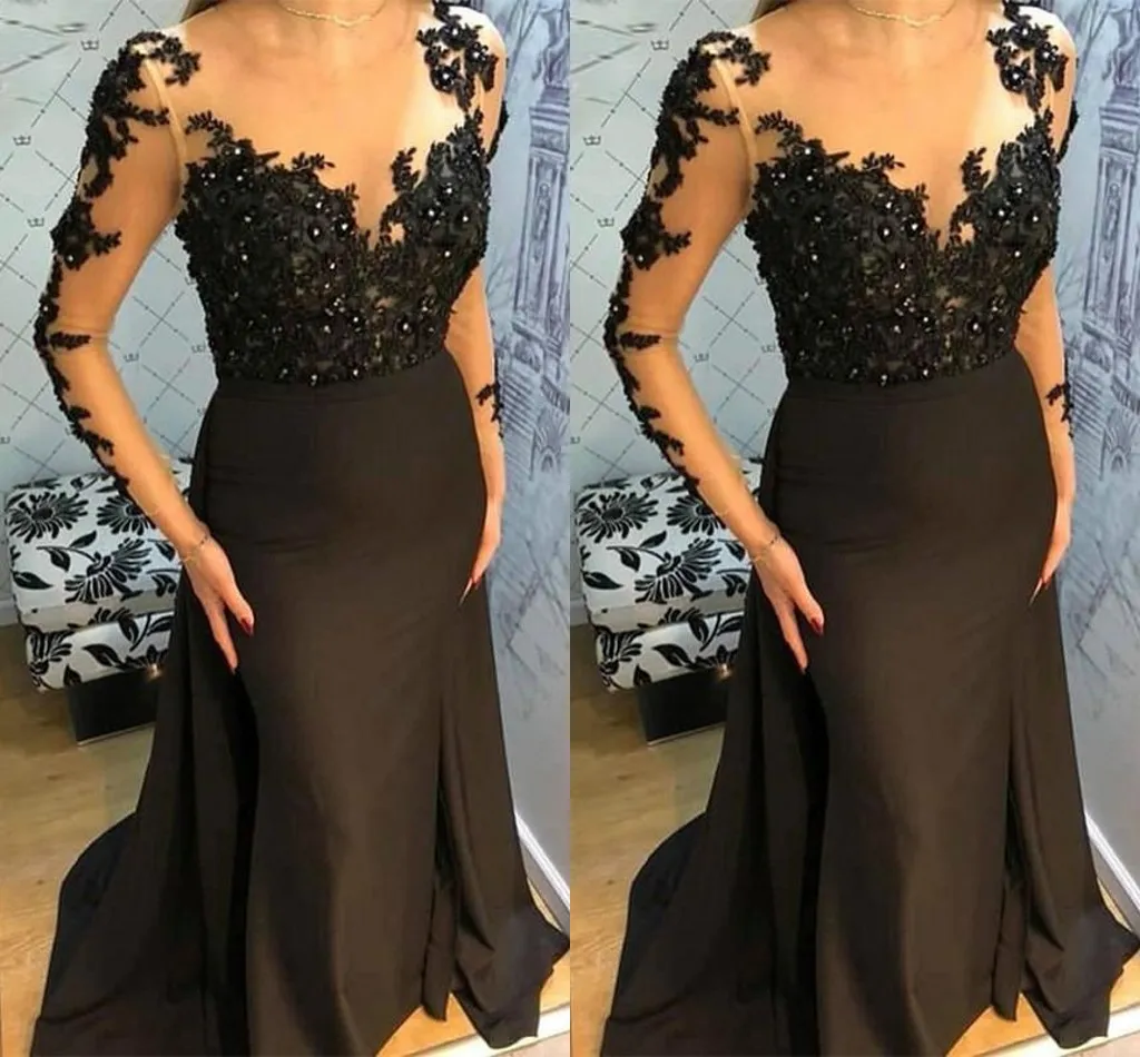 Elegancka czarna syrenka suknie wieczorowe Sheer Neck Długie Rękawy Illusion Lace Aplikacje Sweep Pociąg Formalna Dress Sukienka Party Suknie