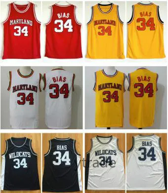 College 34 Len Bias Jersey Mannen Basketbal Universiteit 1985 Maryland Terps Jerseys Team Rood Geel Wit Weg Sport Gestikte Shirts