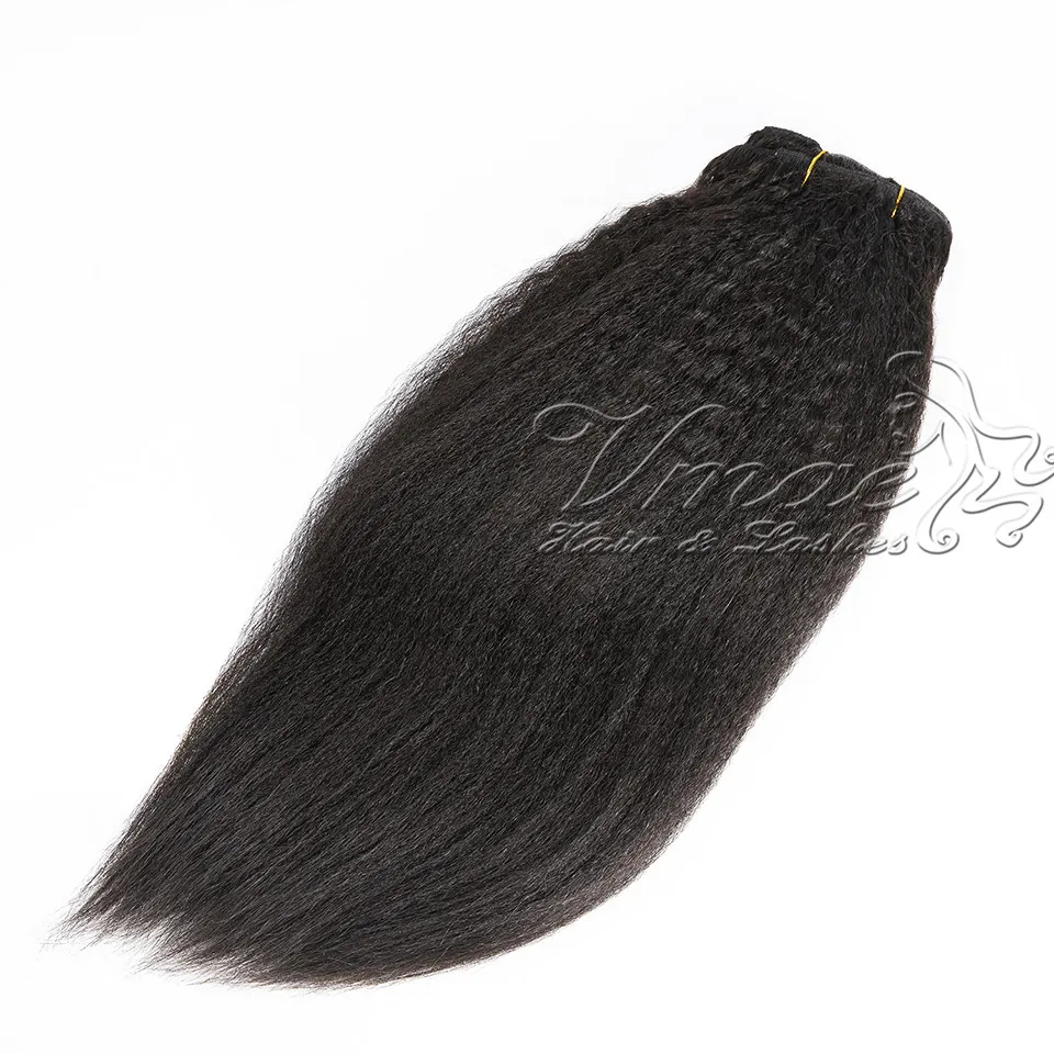 Extensions de cheveux humains brésiliens vierges crépus lisses de couleur naturelle VMAE avec clips pour femme noire 100g 120g 140g faible MOQ