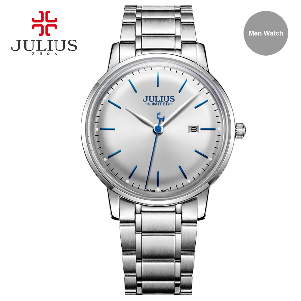 Montre en acier inoxydable de marque Julius Ultra mince 8mm hommes 30M montre-bracelet étanche Date automatique édition limitée Whatch Montre JAL-040234w