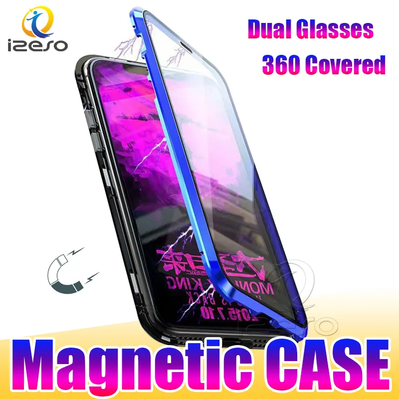 Dubbel glas magnetische adsorptie metaal mobiele telefoon kussens voor iPhone 14 13 12 Pro Max 11 xr met aluminium legering frame izeso