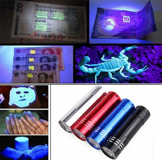 Ücretsiz kargo 500pcs Alüminyum Mini Taşınabilir UV Ultra Violet Blacklight 9 LED el feneri Torch Işık