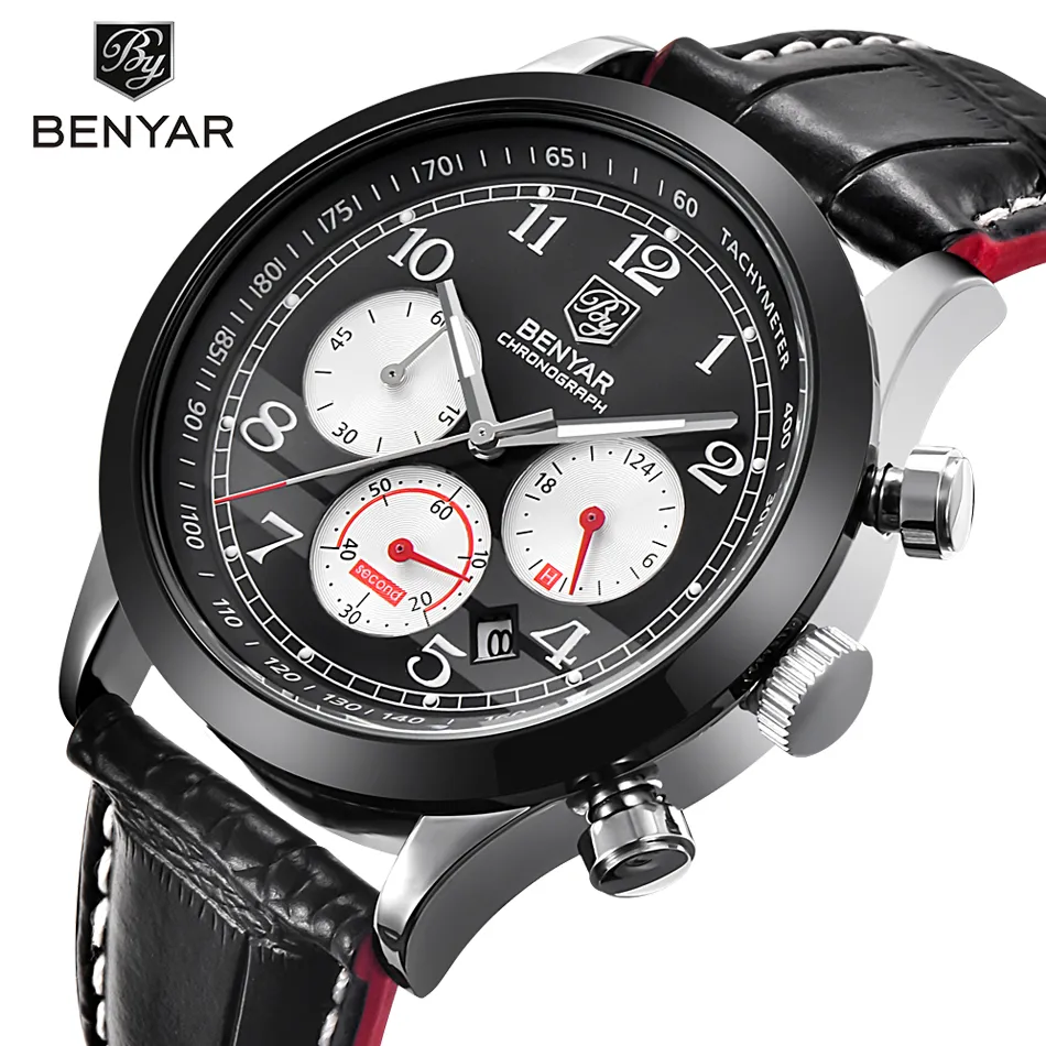 BENYAR Brand Sport Waterproof Chronograph Men Watch Top Brand Luxury Male Leather Quartz Military Wrist Watch Men Clock saat