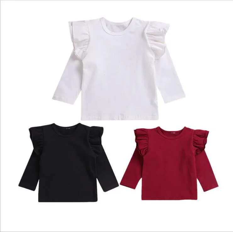 Baby Girls Clothes Kids Falbala Solid T-shirts Ruffle Long Sleeve Tops Cotton Casual Shirts Toddle Boutique Tee Fashion Sports Blouses B6180