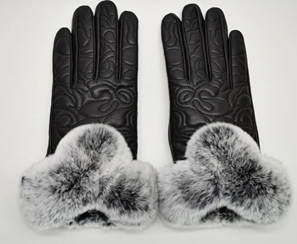 Kvinnor vinter päls äkta läder softs mode varumärke diamant gitter stripe kanin varm fårskinn sexig körning damer pekskärm handskar