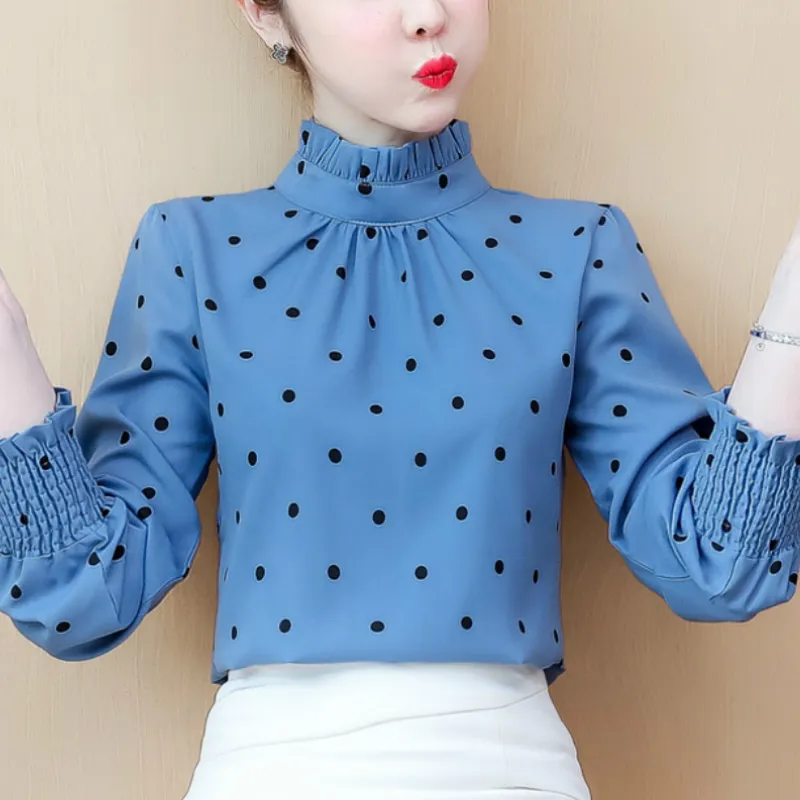 Camicette da donna Camicie Camicie da donna e colletto alla coreana Camicia da camicetta in chiffon a pois Donna Blusas Mujer De Moda 2021 Manica lunga C708