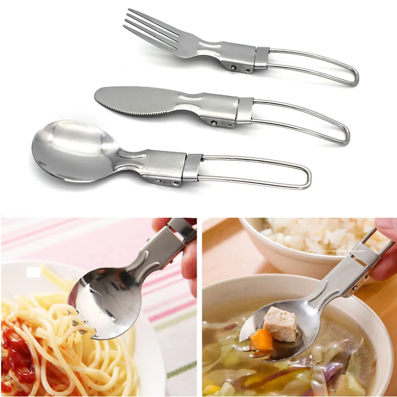 경량 Flatware 숟가락 야외 스테인레스 스틸 접는 포크 칼 붙이 휴대용 피크닉 식기 캠핑 접이식 나이프 숟가락 DH1290