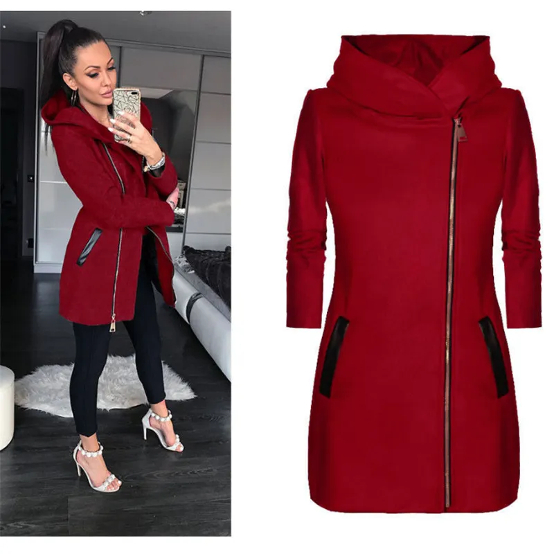 Womens Winter Jacket With Zipper Long Long Hooded Sweatshirt Coat