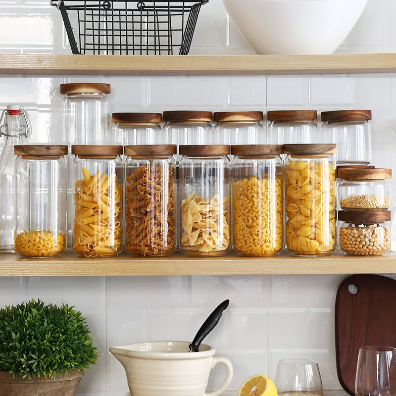 Glass Storage Tank Wooden Cover Candy Spaghetti Jar Kitchen Multi