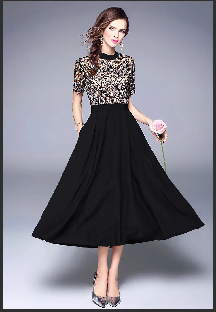 European fashion design new women's o-neck short sleeve embroidery lace floral patchwork chiffon high waist maxi long dress plus size