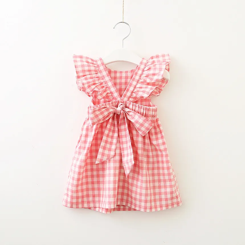 Baby lattice dress children fly sleeve Plaid Princess dress summer fashion Kids Clothing Boutique V Backless girls dress 2 colors C5777