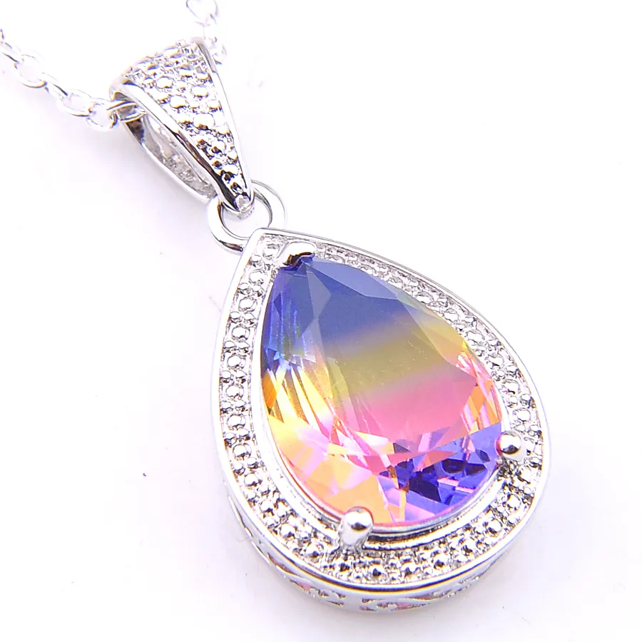 Luckyshine 12piece / parti 925 Silver Smycken Teardrop Rainbow Bi-färgad Tourmaline Crystal Vintage Necklace Pendants Ny