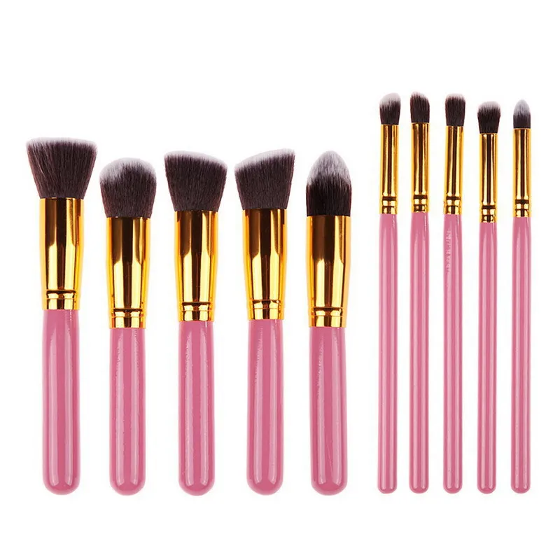 Synthetic Kabuki 10 pcs Makeup Brush Set Nylon Hair Wood Handle Cosmetics Foundation Blending Blush Makeup Tool Free Shipping