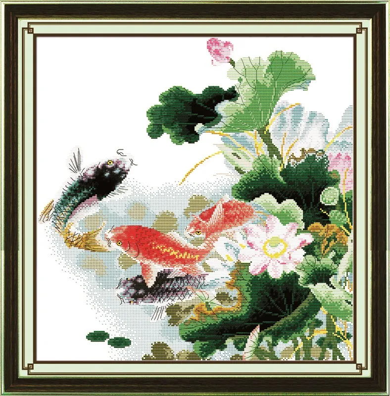 Lotus Carps 그림 그림, 수제 크로스 스티치 공예 도구 자수 바느질 캔버스 DMC 14CT / 11CT에 카운트 인쇄 세트