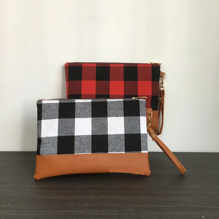 Nowe przybycie świąteczne kobiety Buffalo Plaid Clutch z brązową dolną torbą kosmetyczną torbę na rękę