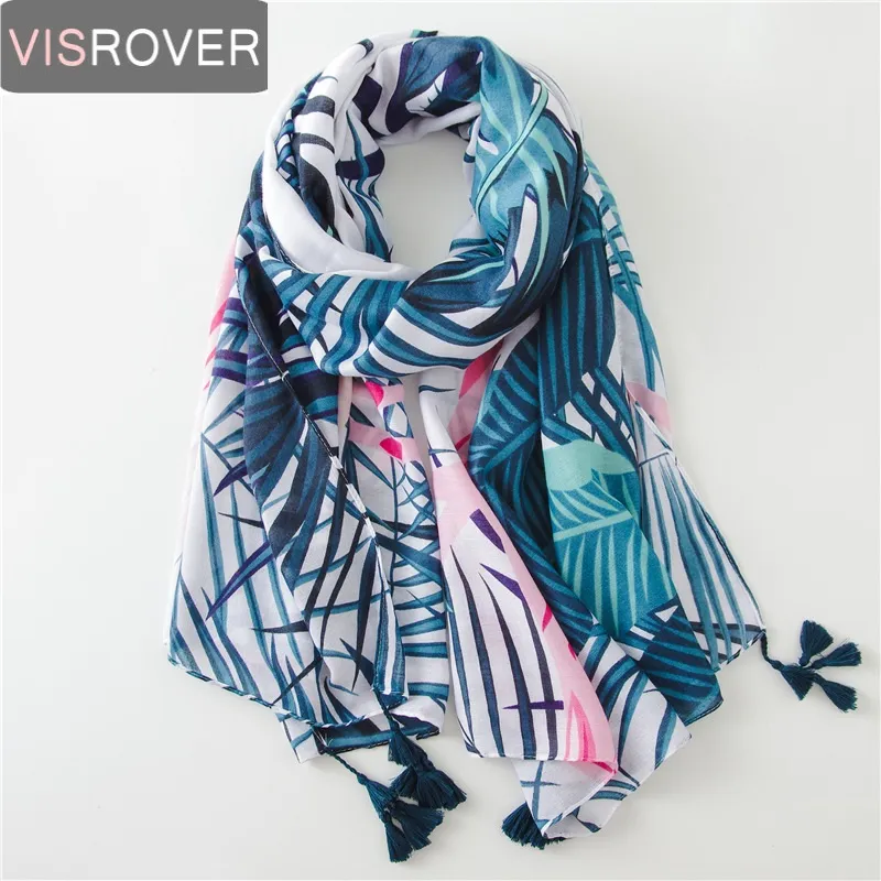 Visrover Tropical Print Scarf med tofs mode sommar viskos kaktus halsduk sjal kvinnor flamingo lady beach boho kawii halsdukar