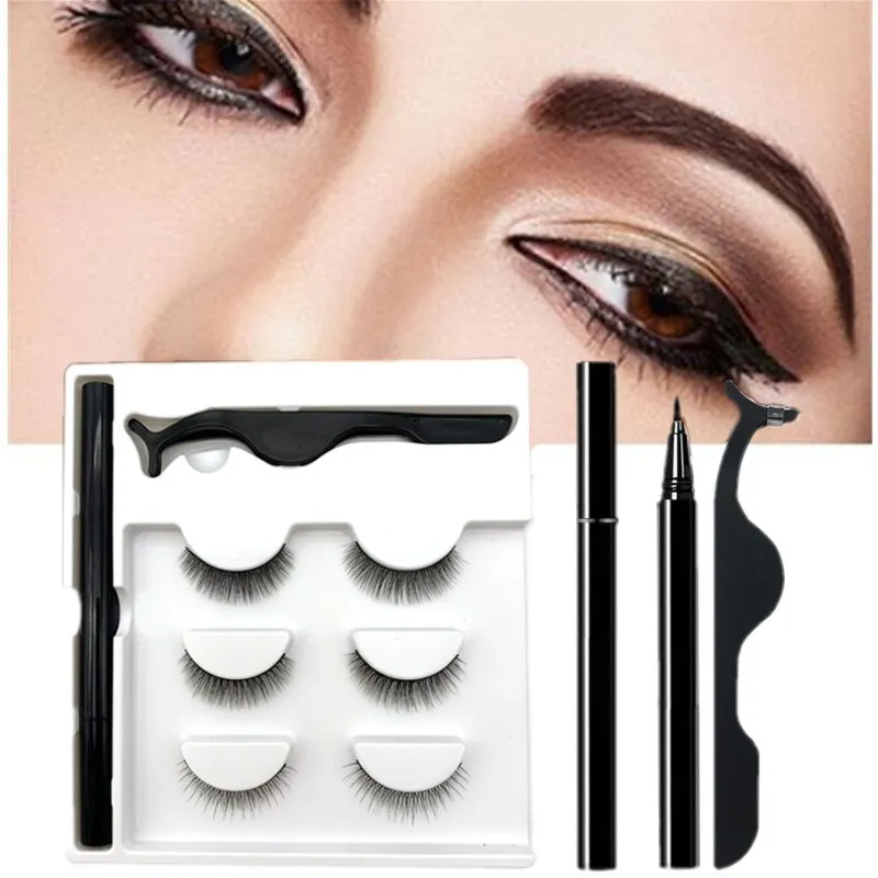 3 paires/ensemble de faux cils magiques cils auto-adhésifs Eyeliner Mascara ensemble de recourbe-cils sans colle sans aimant Eyeliner auto-adhésif