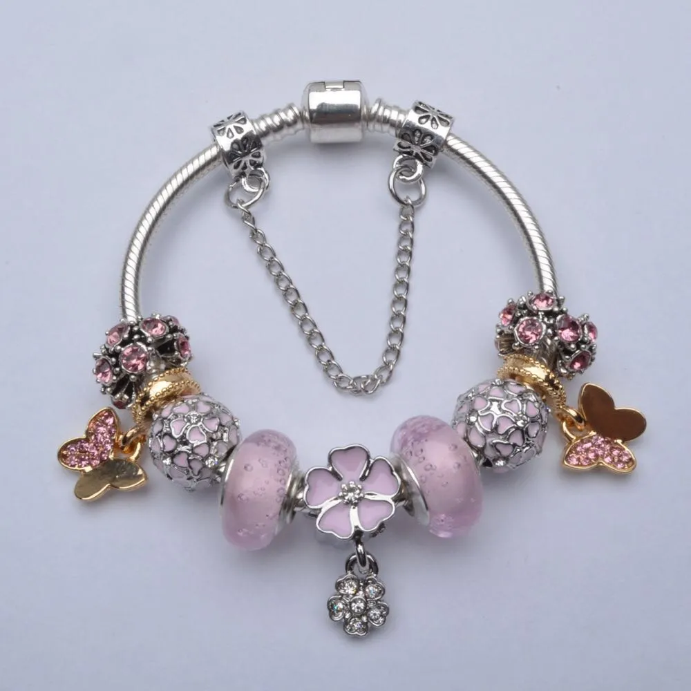 charm bracelets 925 silver bracelet pink flower charms gold butterfly beads fit for DIY Accessories pendant Jewelry as gift