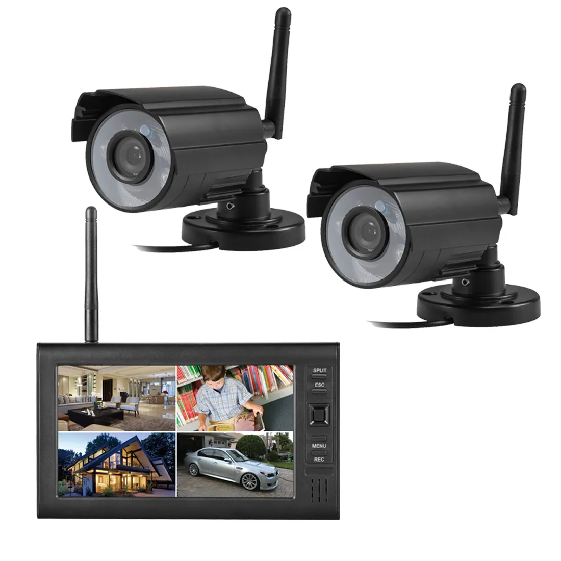 Kit video surveillance sans-fil 4 caméras Infrarouge et  récepteur écran LCD 7