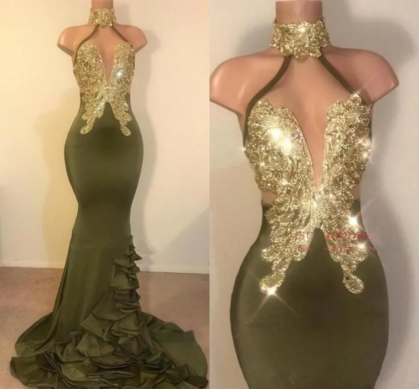 Sexy Olive Green Mermaid Prom Dresses Mermaid Halter High Neck Beaded Sequins Ruffles Sweep Train Plunging V Neck Evening Party Go172i