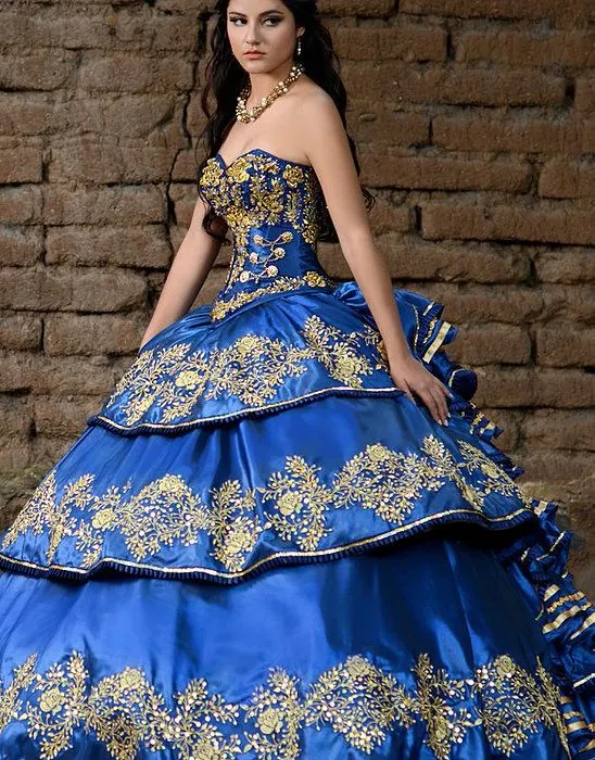 Quinceanera 드레스 블루 볼 가운 연인 주름 프롬 드레스 Charro Sweet 16 드레스 푹신한 전통 Quinceanera mexican299g