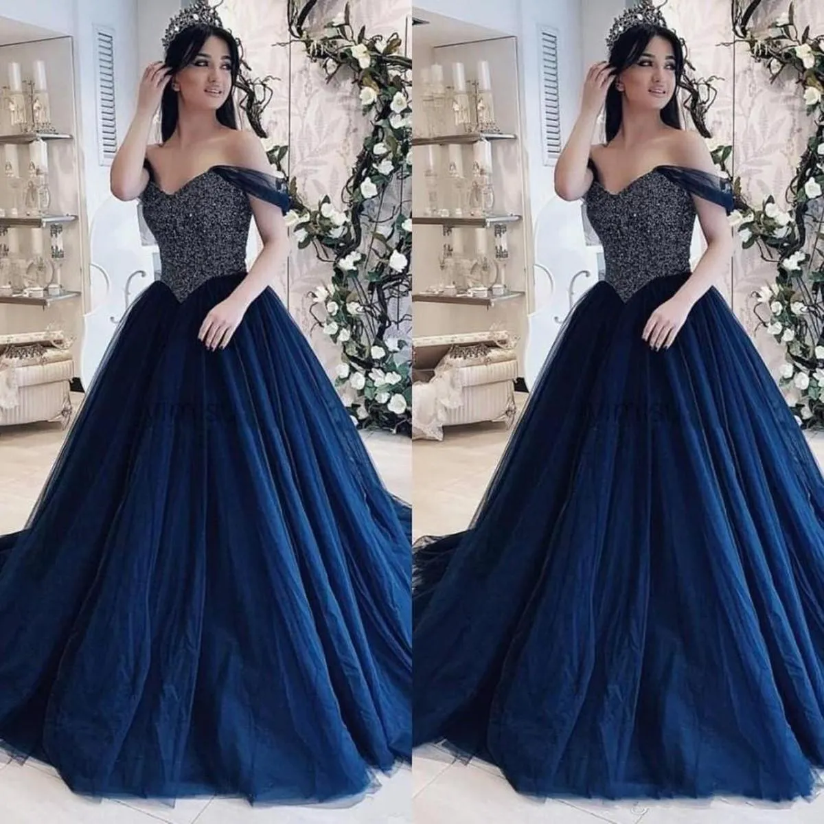 Blaue Quinceanera-Marinekleider, perlenbesetztes Mieder, schulterfrei, bodenlanger Tüll, nach Maß, süßes Geburtstagsparty-Abschlussball-Ballkleid