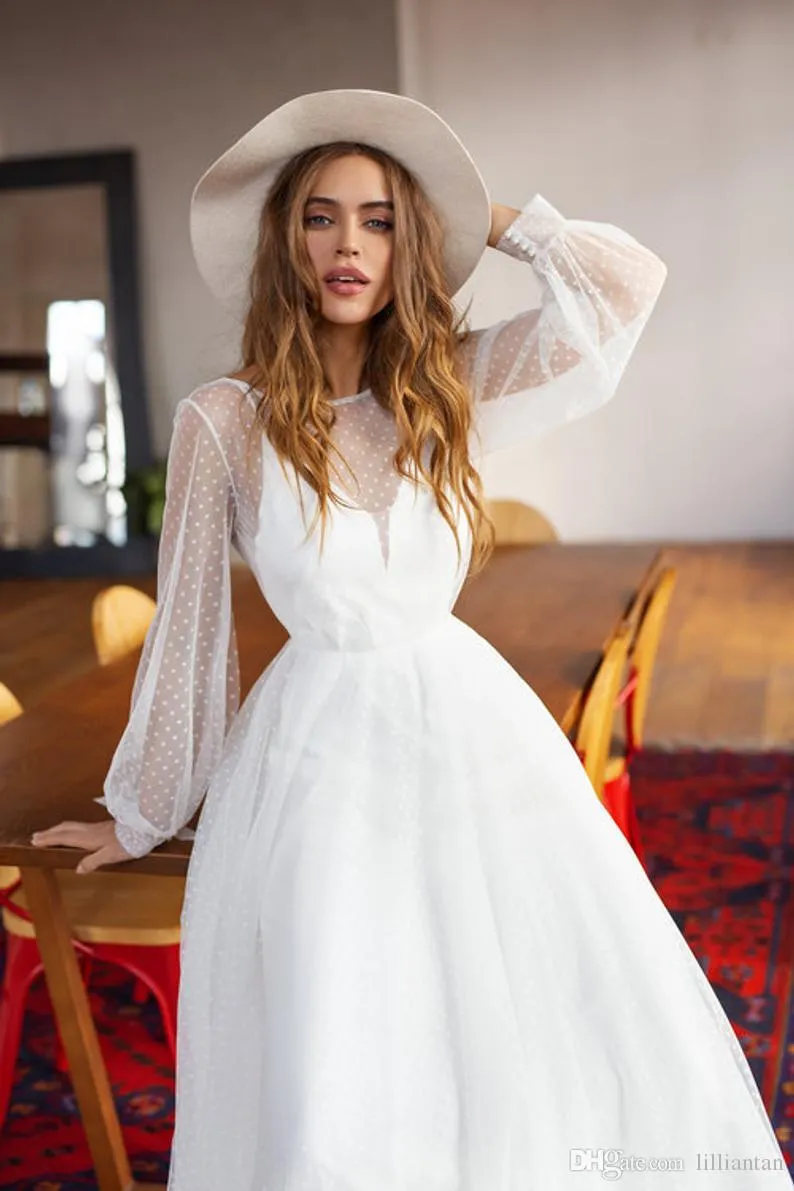 2019 Summer Beach Sexy Dos Ouvert Robes De Réception Une Ligne Romantique Bohème Robes De Mariée Dentelle Boho Robes De Mariée À Manches Longues Weddi230S