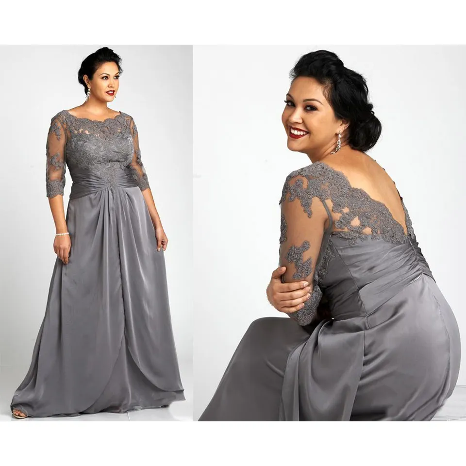 Grande taille gris mère de la mariée robes avec manches 3/4 encolure dégagée dentelle élastique Satin femmes robes formelles SD3431