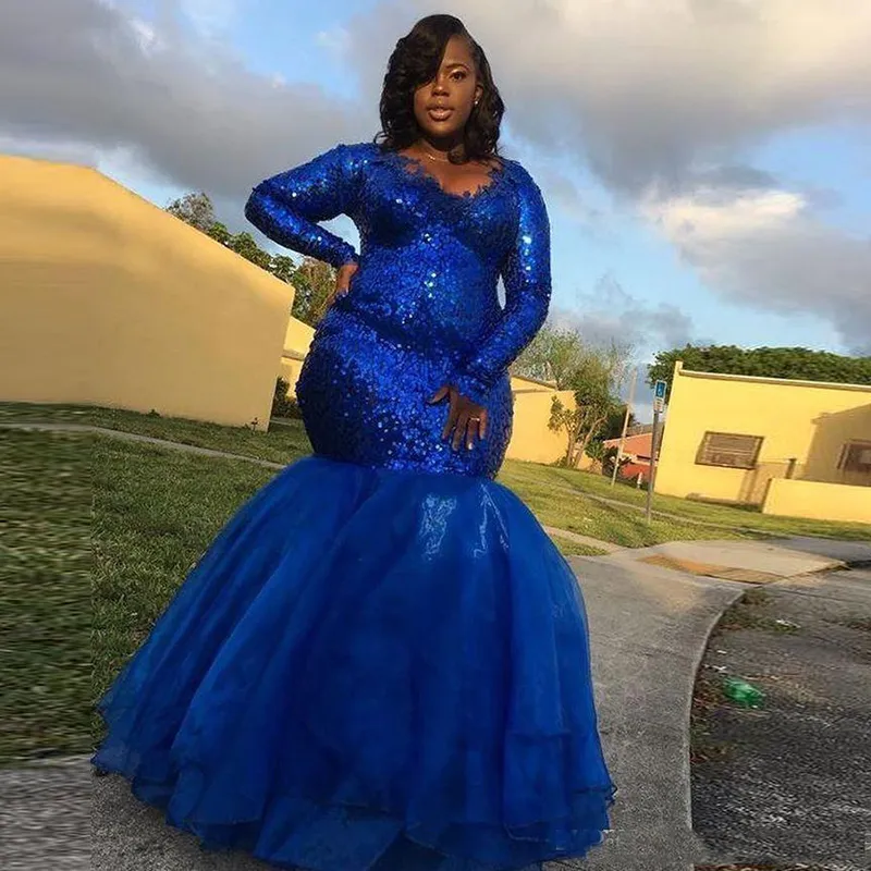 Plus Size Royal Blue Mermaid Prom Dresses V Neck Cekinowy Tulle Formalne Suknie Wieczorowe Pagewange Dress