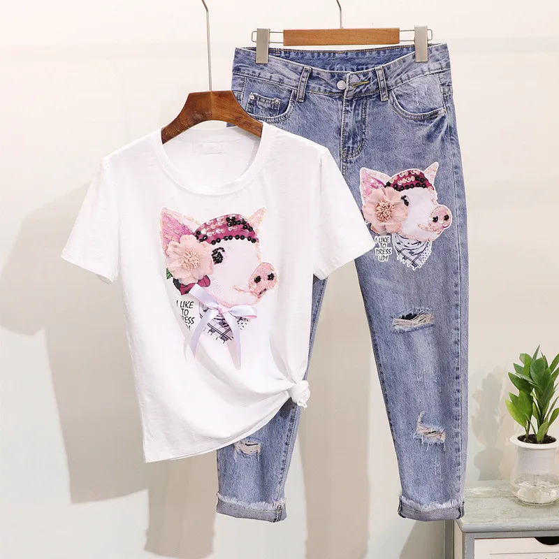 2019 Sommar Kvinnor Beading Cartoon Pig T Shirts Jeans Passar Casual Short Sleeve Sequins Tshirt + Kalvlängd Hål Denim Byxor Set