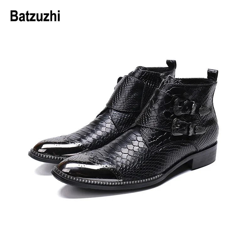 Batzuzhi fait à la main hommes bottes courtes en métal pointe orteil en cuir noir bottes courtes travail masculin, sécurité Cowboy bottes hommes botas hombre boucle