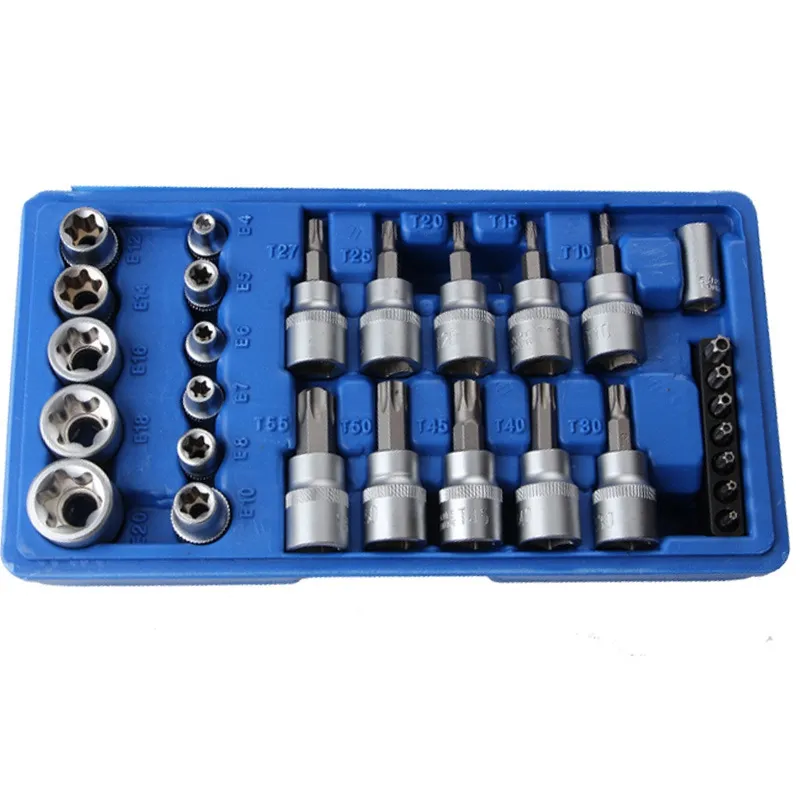 Freeshipping 29PCS/Set Vanadium Steel Sleeve Socket Set & Bit Male Female E&T Sockets with Torx Bit Tool Screwdriver Bit Socket Set