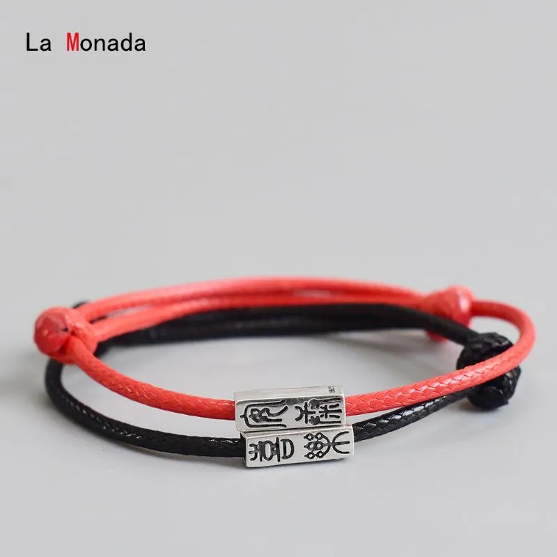 Pulsera de plata de ley 925 para parejas, hilo de línea roja para cuerda de mano, pulseras de joyería para mujeres, negro, Vintage, chino, suerte