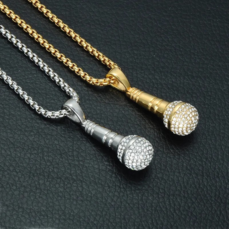 Collana con ciondolo con microfono stereoscopico per musica bling in acciaio inossidabile al titanio color oro HIP Hop per gioielli da uomo