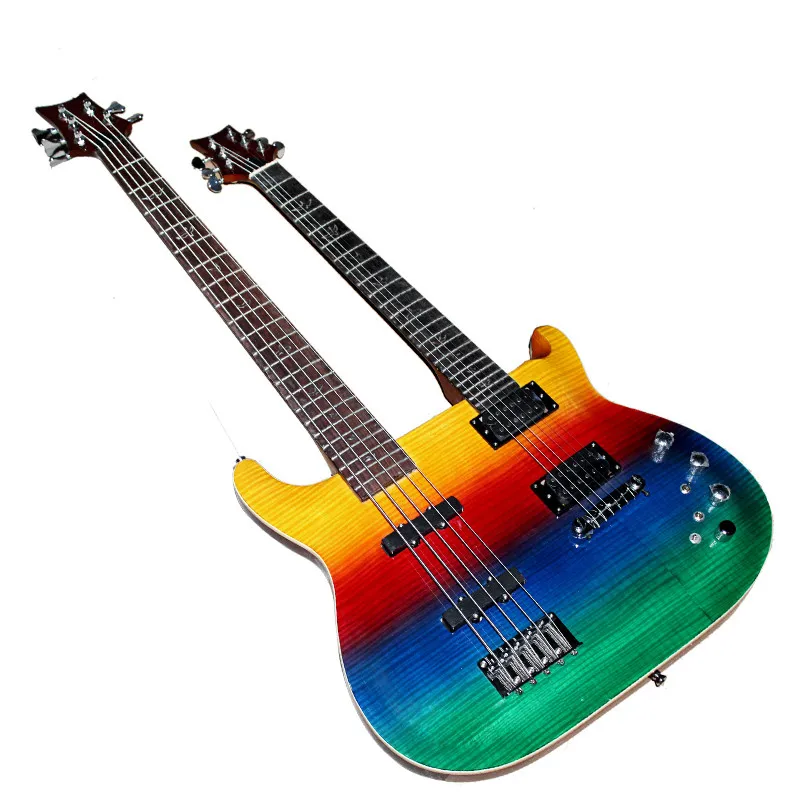 Doppelhals-Regenbogenkorpus, 6-saitige E-Gitarre und 5-saitige Bassgitarre mit Flammenahornfurnier und Palisandergriffbrett, können individuell angepasst werden