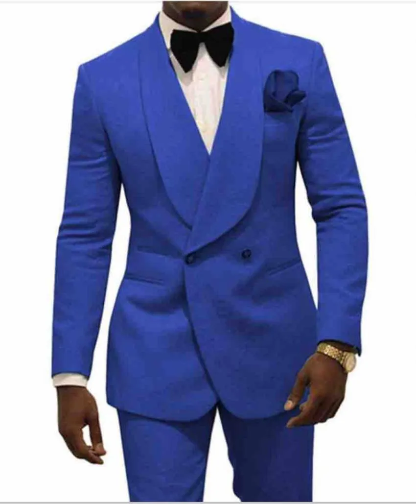 Smoking da sposo blu doppio petto con risvolto scialle da uomo, abiti da lavoro, ballo di fine anno/cena, blazer, pantaloni, set (giacca + pantaloni + papillon) W346