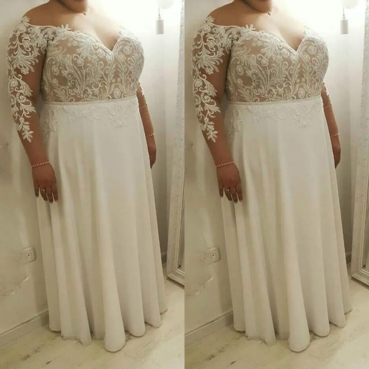 Uma linha plus size vestidos de casamento nova manga longa rendas apliques contas praia chiffon vestidos de noiva noiva boho vestidos de novia pplique