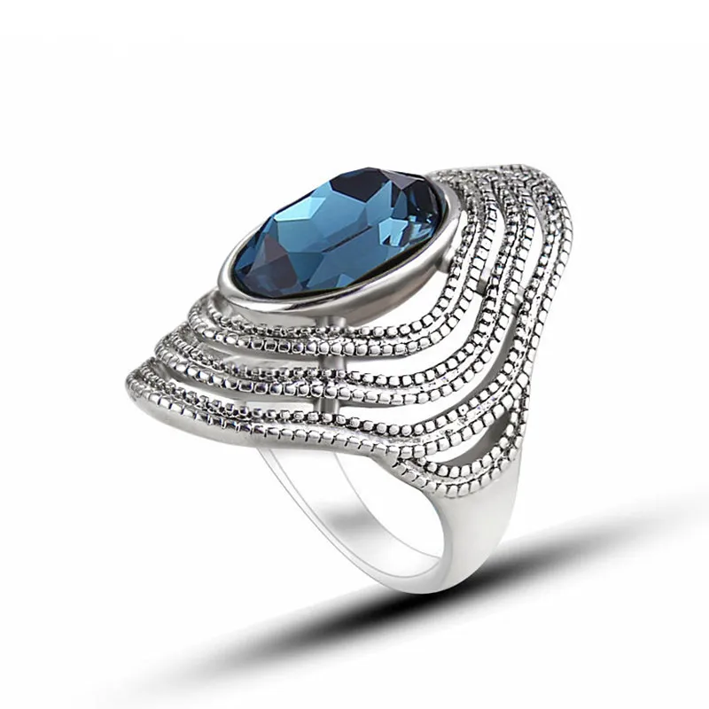 [DDisplay] Moda Retro Anillo de cristal azul Reina Diseño 3D creativo Ajuste de bronce puro Espejo Pulido Anillos de dedo Tamaño 6-9