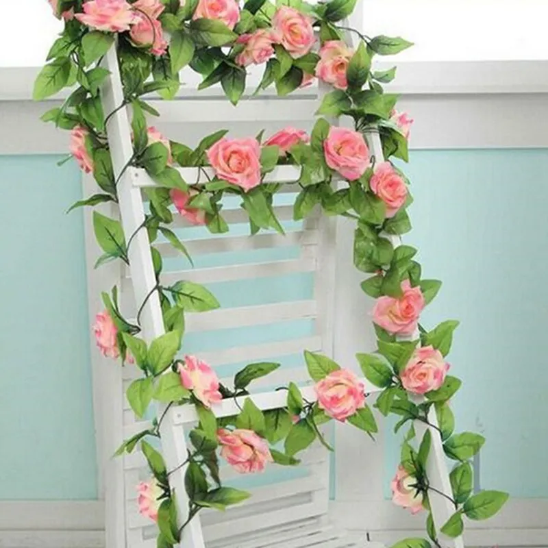 Artificial flores rosas de seda Rattan corda videira com folhas do verde para Início do casamento do jardim Decoração de suspensão Garland parede