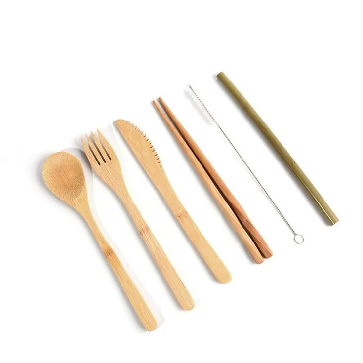 6デザイン竹平面セット7個/セットポータブルカトラリーセット布バッグの食器セットナイフフォークスプーン箸箸
