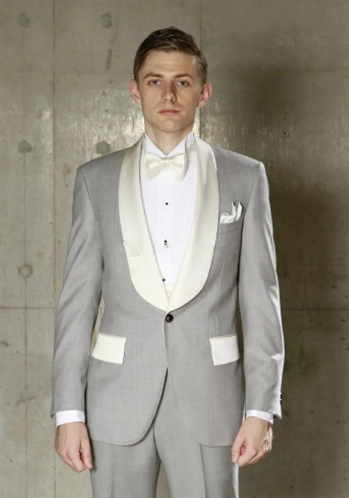 Fashion Light Grey Groom Tuxedos Excellent Ivory Shawl Lapel Groomsmen Blazer Men Formal Suit Party Prom Suit(Jacket+Pants+Tie) 1281