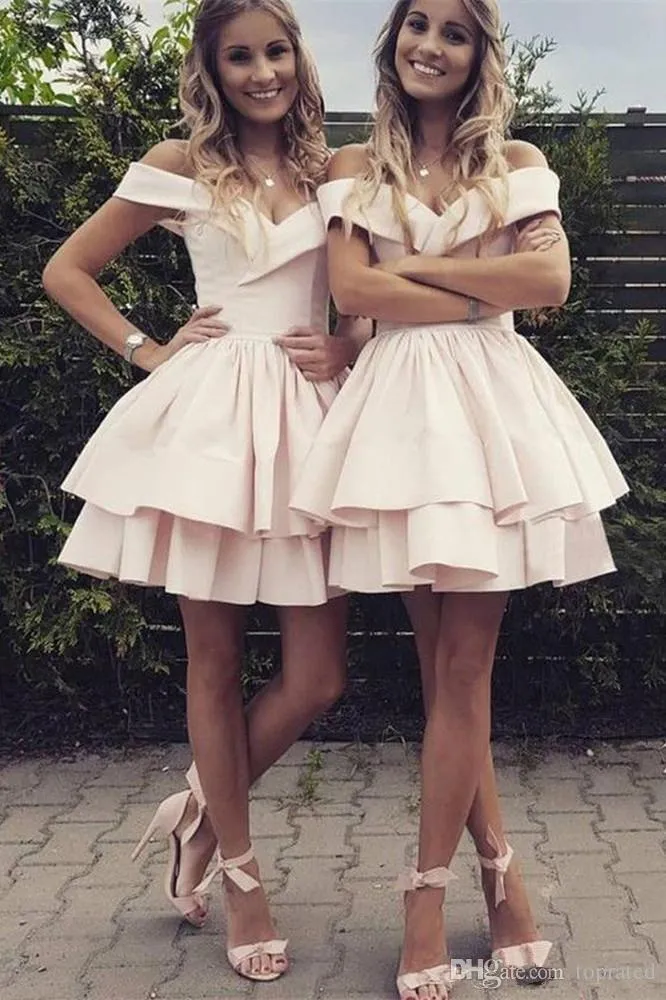 Soft Pink Bridesmaid Dresses Off-Shoulder Satin Short Bridesmaid Dresses With Tiered Skirt Affordable A-Line Soft Pink Bridesmaid Dresses Off-Shoulder Satin Short Bridesmaid Dresses With Tiered Skirt Affordable A-Line