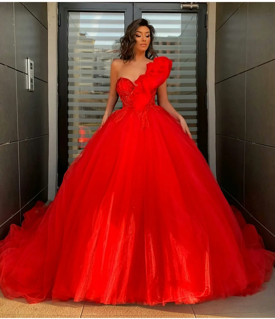 lace and beads one shoulder tulle dress Luxurious Tulle One-Shoulder Gown with Beading & Overskirt  Mydressline